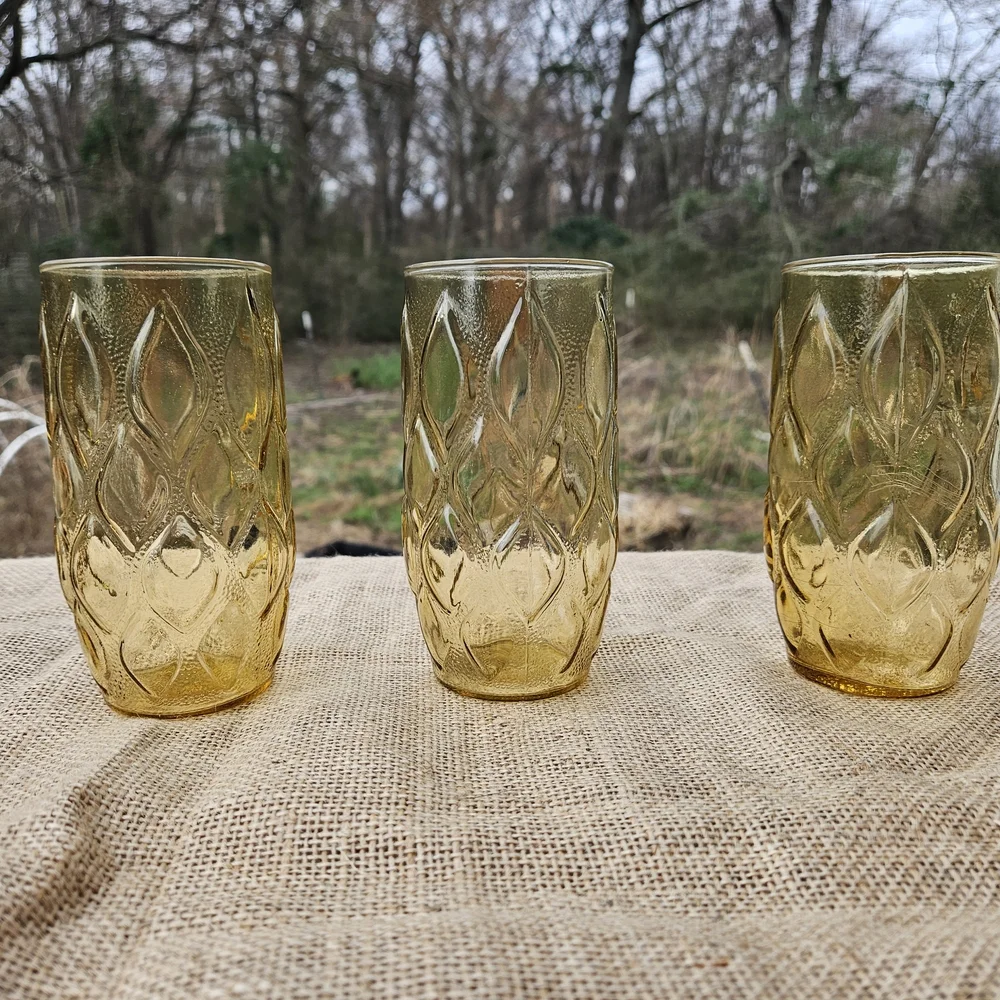 Set of Three Vintage Amber Glass Tumblers Libbey Madrid Pattern 60s 70s Era Boho - Picture 4 of 12